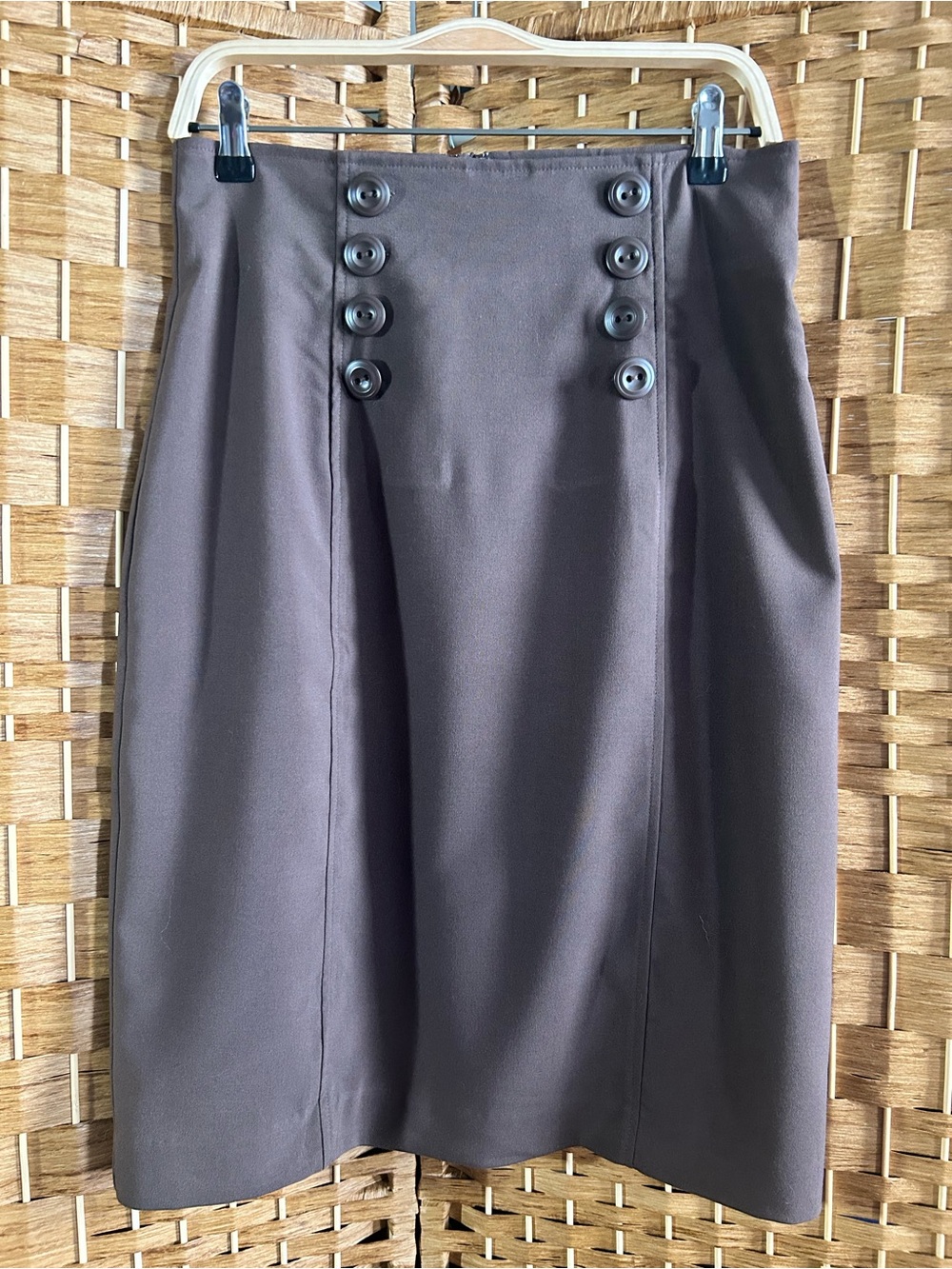 Brown High Waist Pencil Skirt Button Front Detail Lined Career Size 8